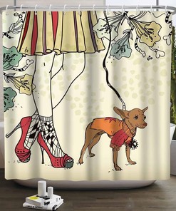Walking Pet Dog Shower Curtain - African American Girl Bathroom Decor