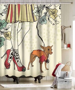 Walking Pet Dog Shower Curtain - African American Girl Bathroom Decor