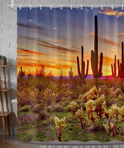 Wanderlust Inspired Shower Curtain Featuring American Saguaros and Sunset