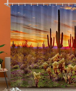 Wanderlust Inspired Shower Curtain Featuring American Saguaros and Sunset