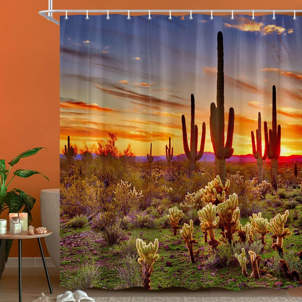 Wanderlust Inspired Shower Curtain Featuring American Saguaros and Sunset