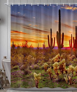 Wanderlust Inspired Shower Curtain Featuring American Saguaros and Sunset