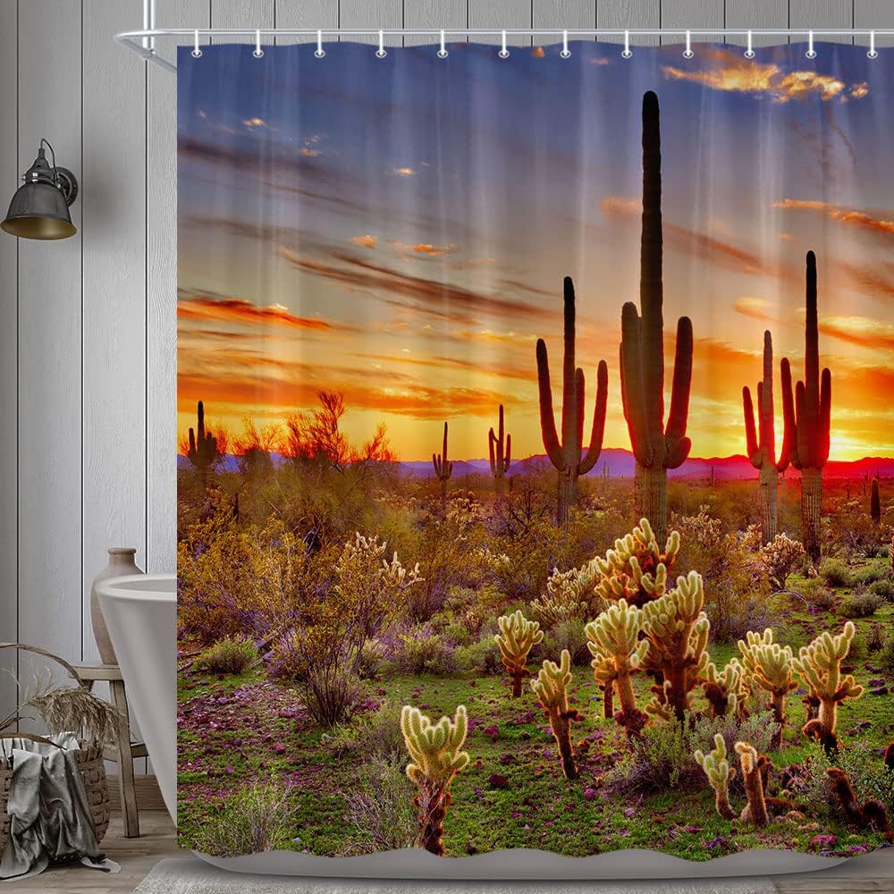 Wanderlust Inspired Shower Curtain Featuring American Saguaros and Sunset