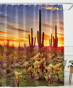 Wanderlust Inspired Shower Curtain Featuring American Saguaros and Sunset