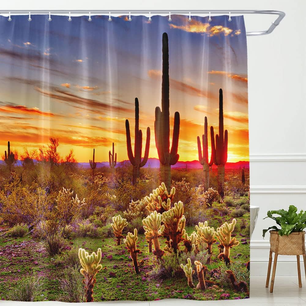 Wanderlust Inspired Shower Curtain Featuring American Saguaros and Sunset