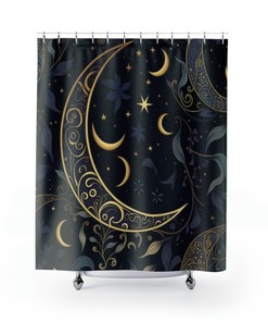 Waning Crescent Moon Shower Curtain With Botanical Leaf Aesthetic For Unique Bathroom Decor