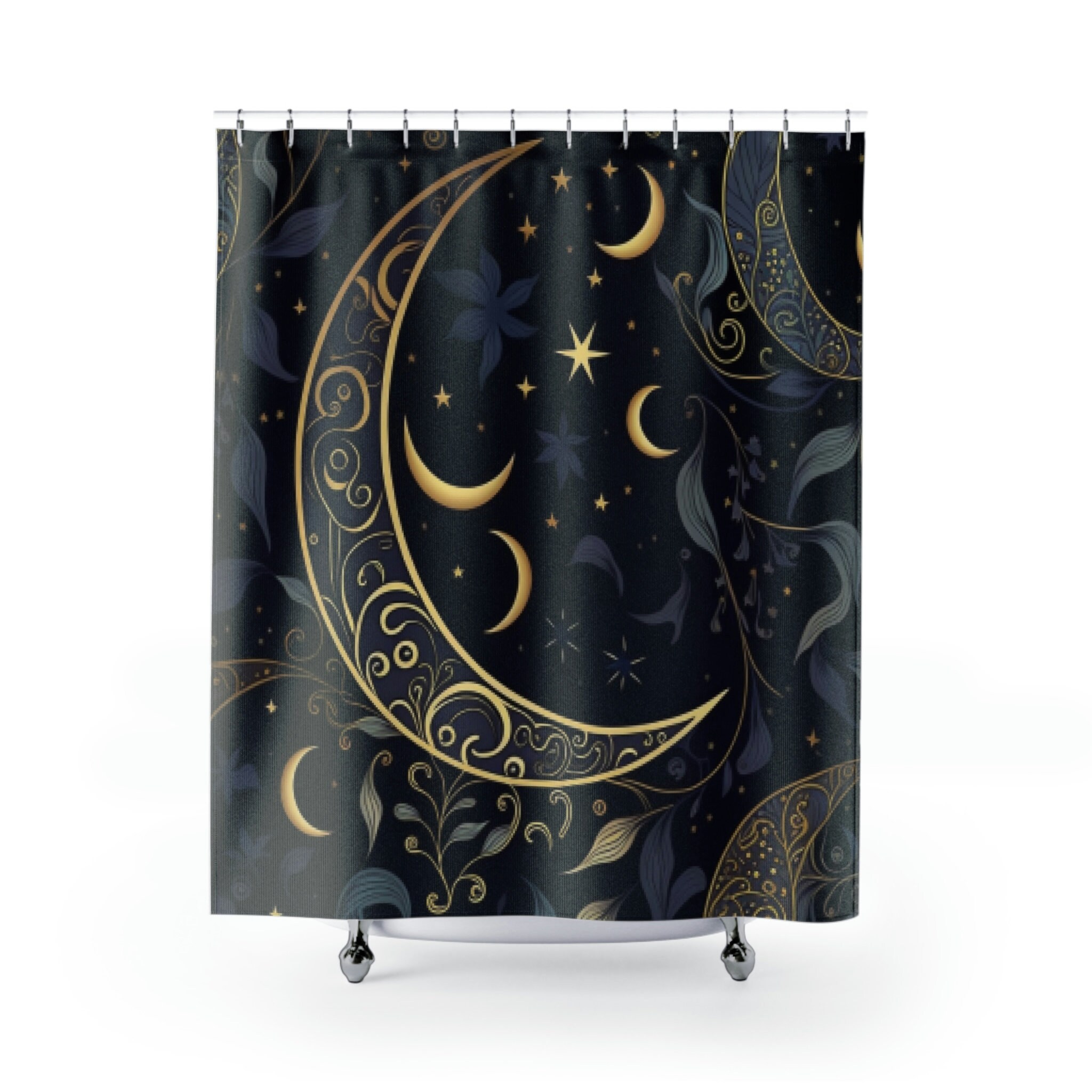 Waning Crescent Moon Shower Curtain With Botanical Leaf Aesthetic For Unique Bathroom Decor