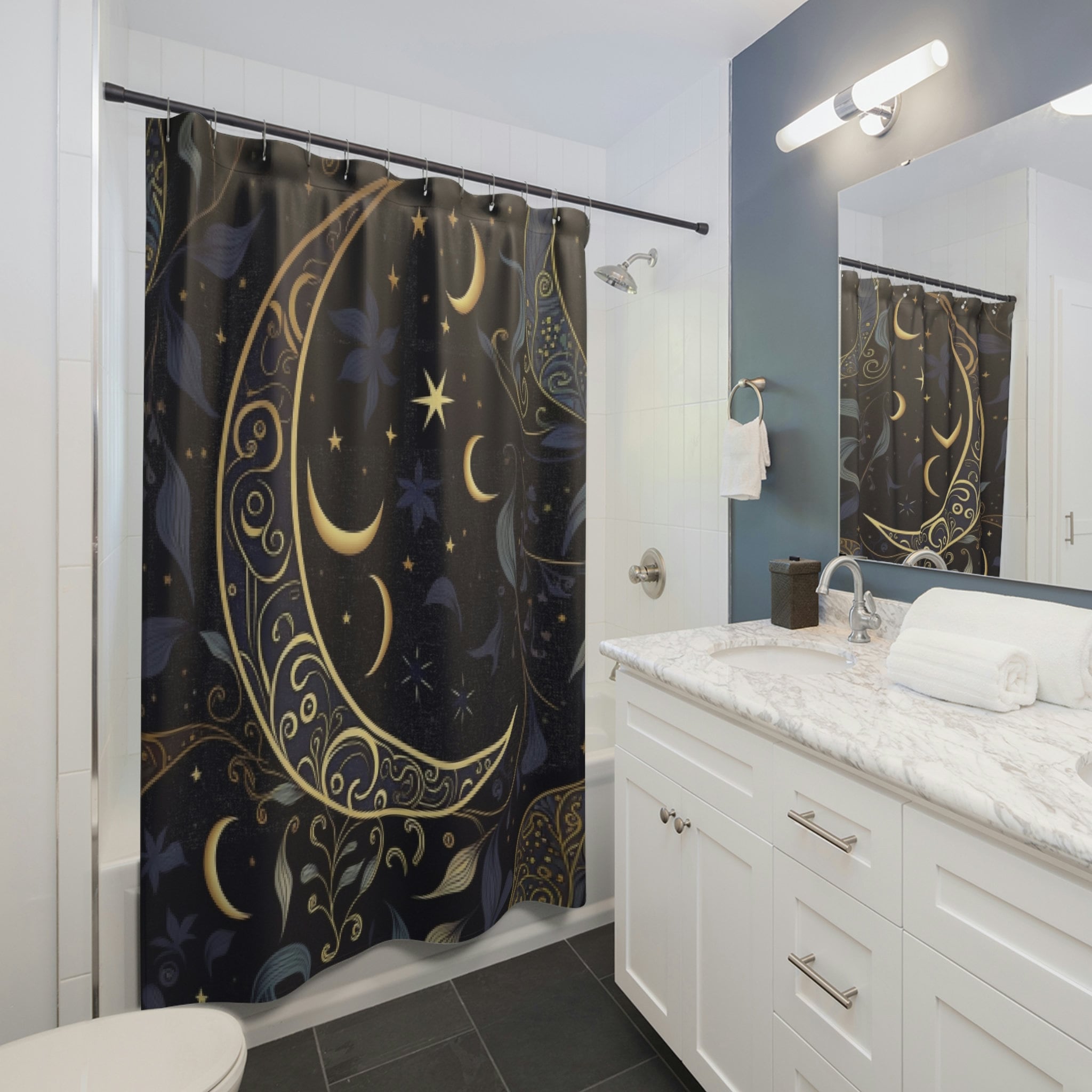 Waning Crescent Moon Shower Curtain With Botanical Leaf Aesthetic For Unique Bathroom Decor - Image 2