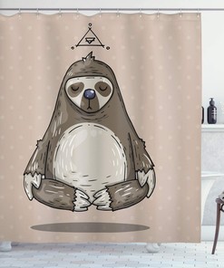 Warm Taupe Sage Green Cartoon Sloth Meditates Lotus Position Relax Shower Curtain