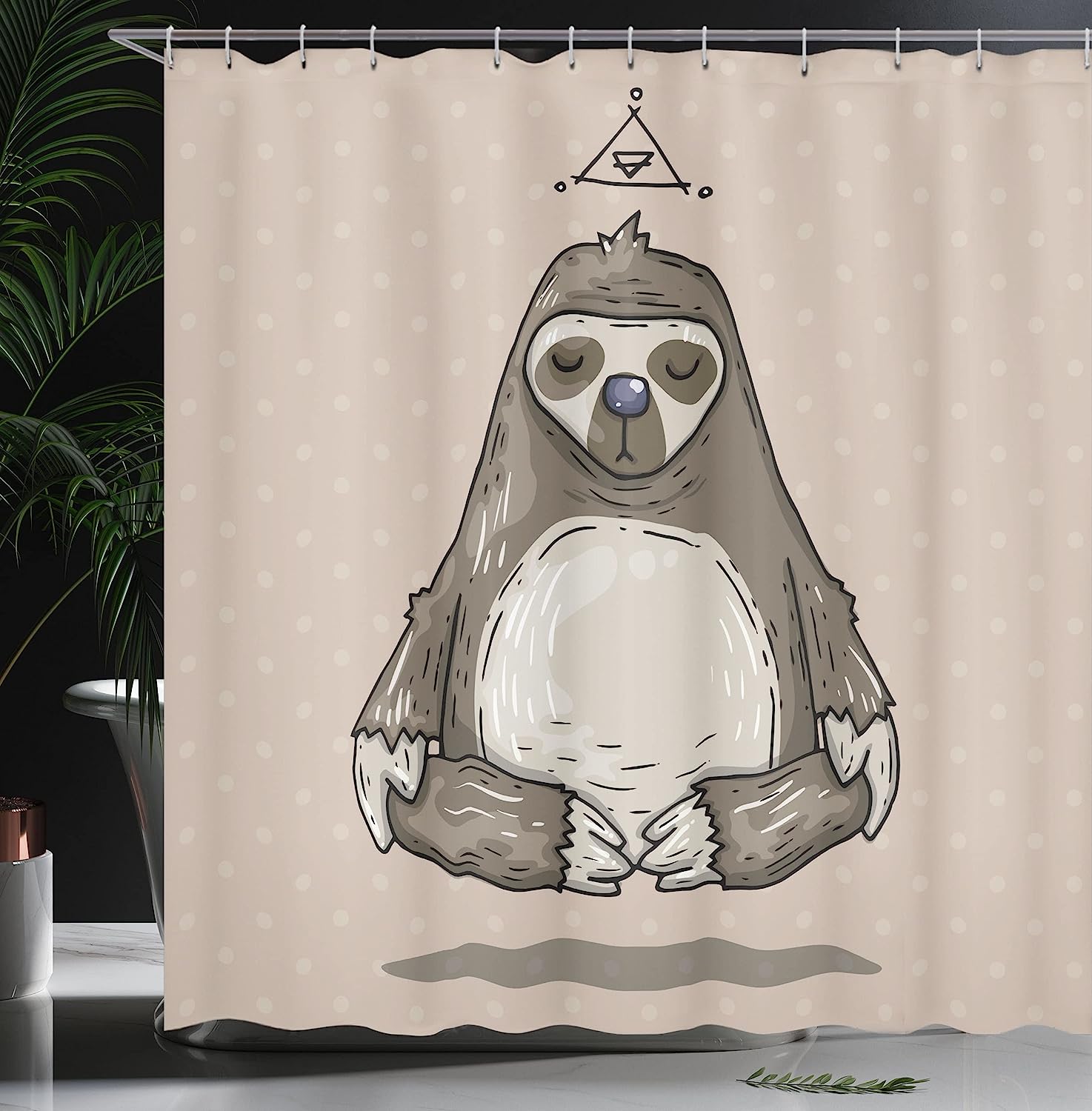 Warm Taupe Sage Green Cartoon Sloth Meditates Lotus Position Relax Shower Curtain - Image 3