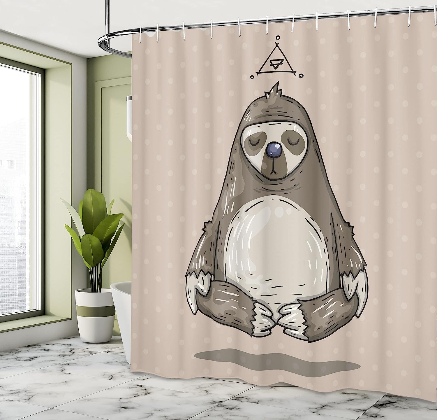 Warm Taupe Sage Green Cartoon Sloth Meditates Lotus Position Relax Shower Curtain - Image 4