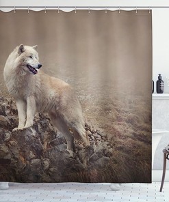 Warm Taupe Wolf Shower Curtain, White Wolf On Rocks At The Night Misty Weather Wildlife Nature Scenery Print