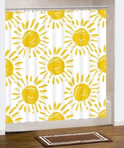 Warm Yellow Sunshine Rays Happy Sun Pattern Shower Curtain For A Relaxing Beach House Bathroom Decor