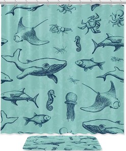 Washable Fabric Green Whale Ocean Print Shower Curtain for Bathroom