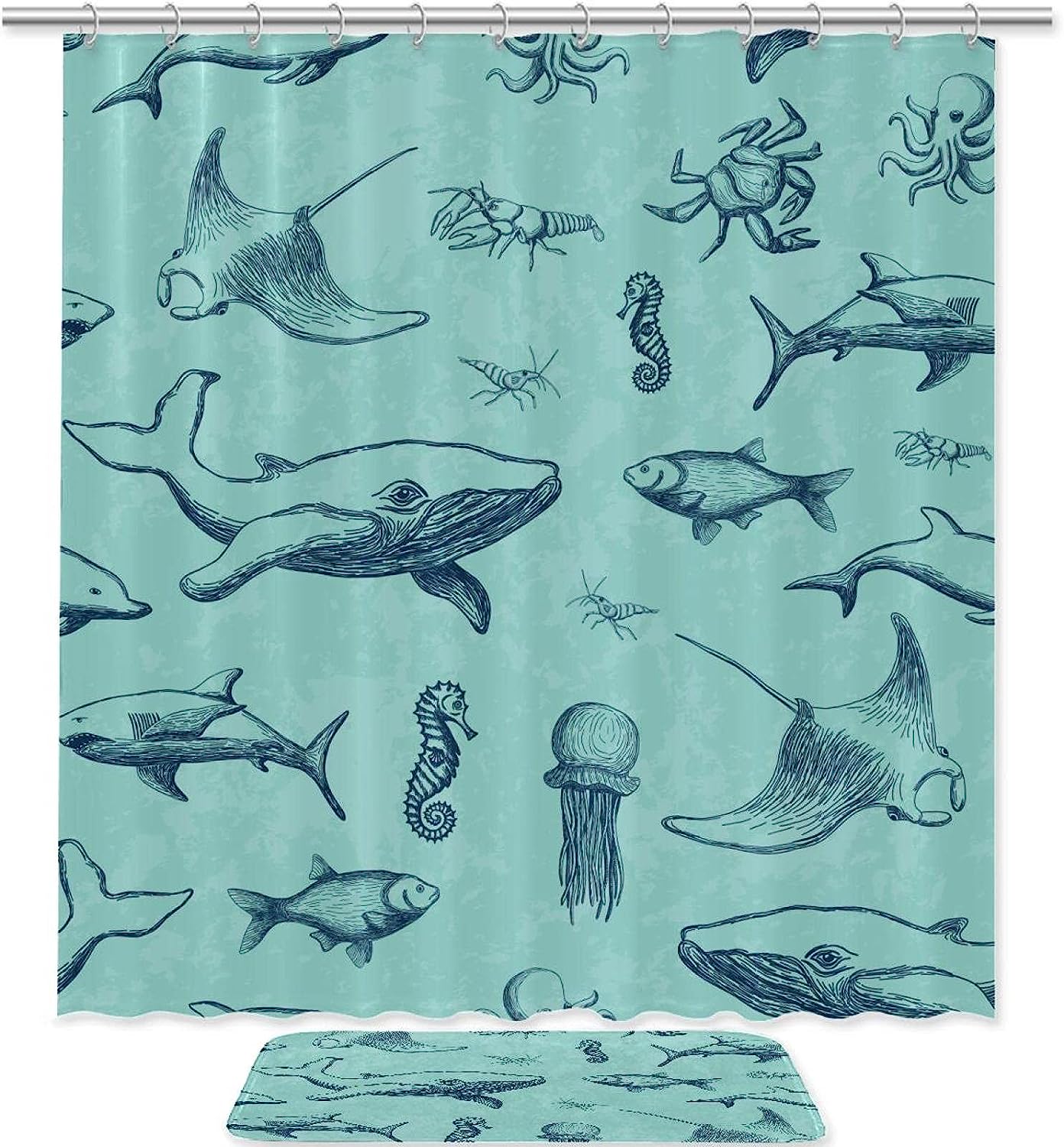 Washable Fabric Green Whale Ocean Print Shower Curtain for Bathroom