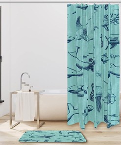 Washable Fabric Green Whale Ocean Print Shower Curtain for Bathroom