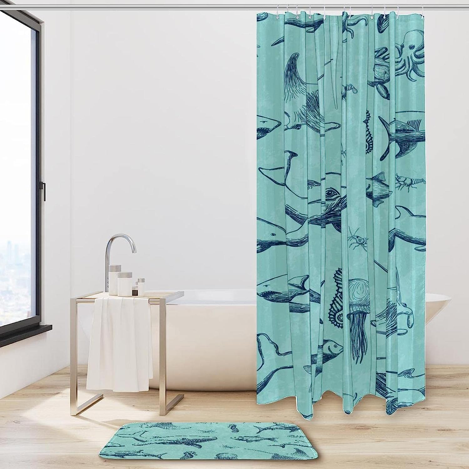 Washable Fabric Green Whale Ocean Print Shower Curtain for Bathroom