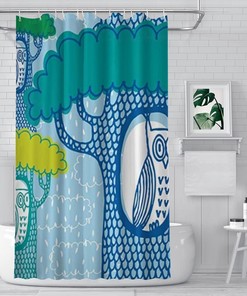 Washable Owl Abstract Fish Scale Nursery Painting Shower Curtain, Soft Cloth Liner With Cute Rain Cloud Design