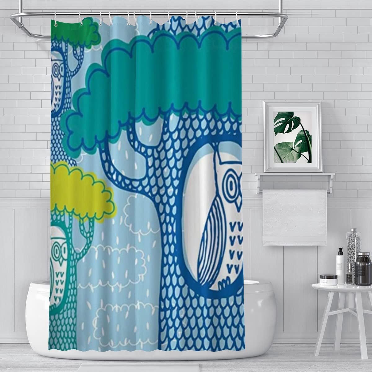 Washable Owl Abstract Fish Scale Nursery Painting Shower Curtain, Soft Cloth Liner With Cute Rain Cloud Design