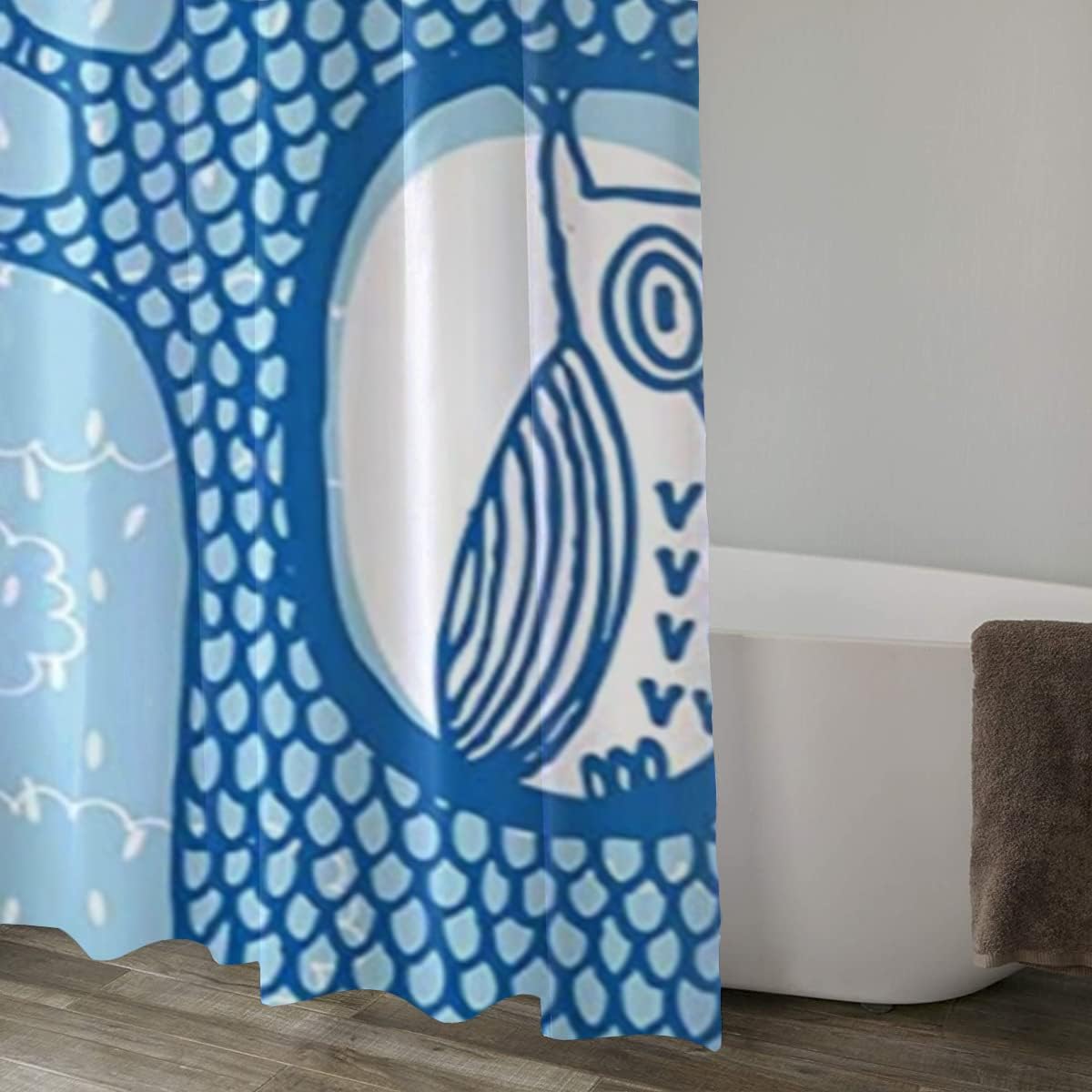 Washable Owl Abstract Fish Scale Nursery Painting Shower Curtain, Soft Cloth Liner With Cute Rain Cloud Design