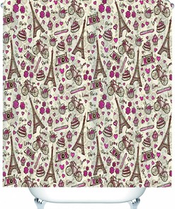 Washable Rose Red Eiffel Tower Cake Bicycle Shower Curtain