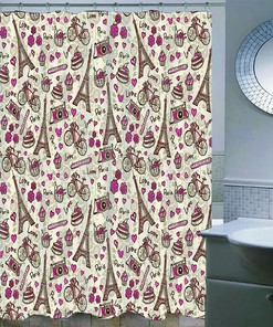 Washable Rose Red Eiffel Tower Cake Bicycle Shower Curtain