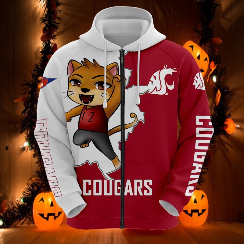 Washington State Cougars 3D Zip-Up Hoodie With Mascot Gift For Fan