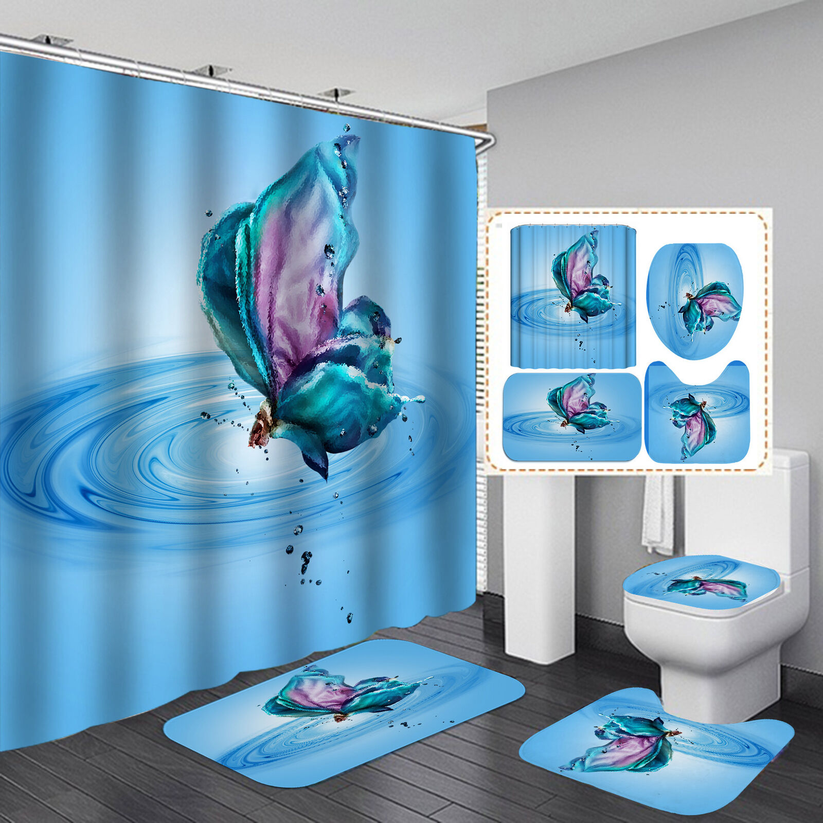 Water Butterfly Print 4-Set Resistant Shower Curtain For Toilet