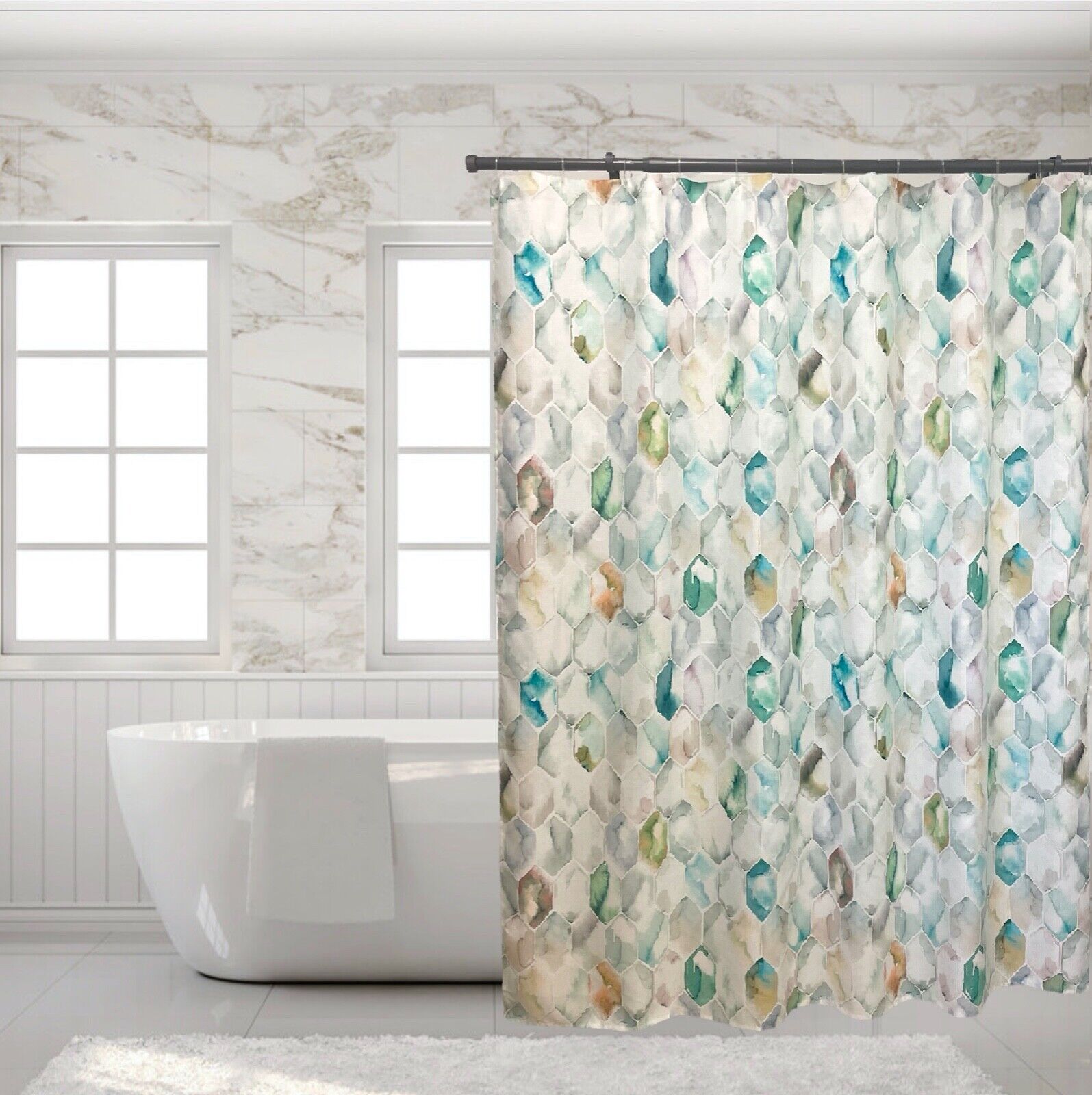 Water Color Geometric Tiles Shower Curtain for Bathroom