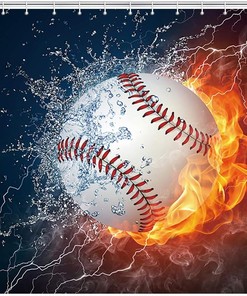 Water Fire Baseball Shower Curtain, Sports Theme Bathroom Decor 