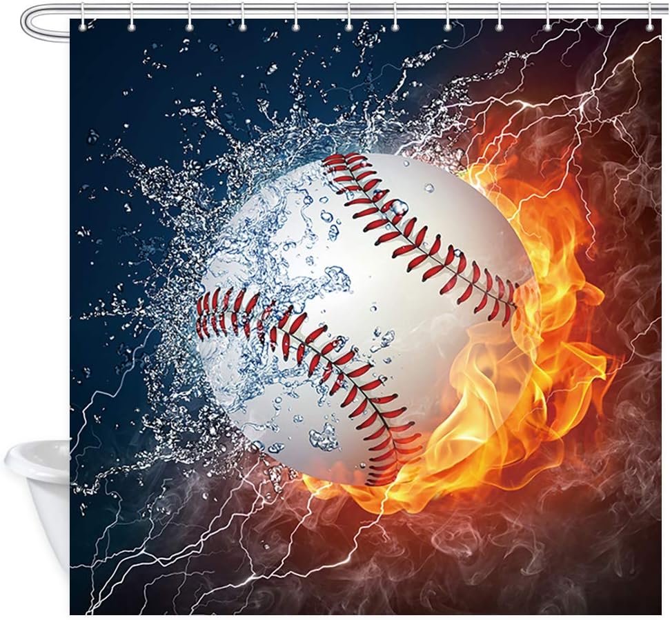 Water Fire Baseball Shower Curtain, Sports Theme Bathroom Decor