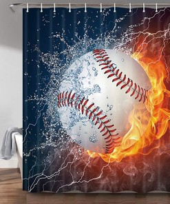 Water Fire Baseball Shower Curtain, Sports Theme Bathroom Decor
