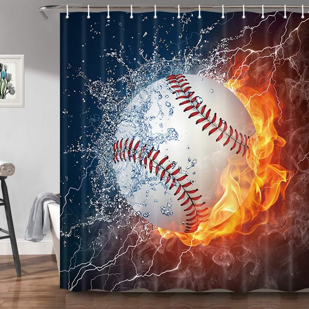 Water Fire Baseball Shower Curtain, Sports Theme Bathroom Decor