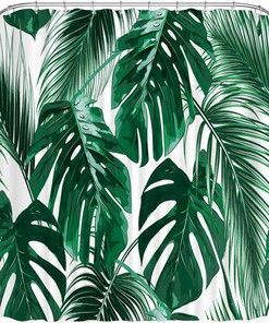 Water Repellent Palm Leaves Shower Curtain In Tropic Monstera Pattern, Hunter Green White