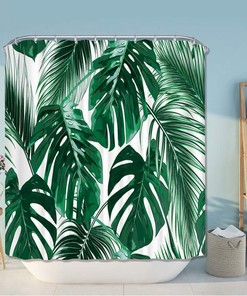 Water Repellent Palm Leaves Shower Curtain In Tropic Monstera Pattern, Hunter Green White