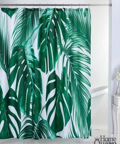 Water Repellent Palm Leaves Shower Curtain In Tropic Monstera Pattern, Hunter Green White