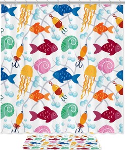 Water Resistant Fabric Shower Curtain With Colorful Fish Hook, Snail And Octopus Designs