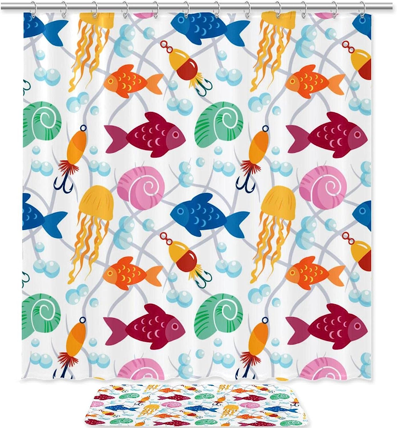 Water Resistant Fabric Shower Curtain With Colorful Fish Hook, Snail And Octopus Designs