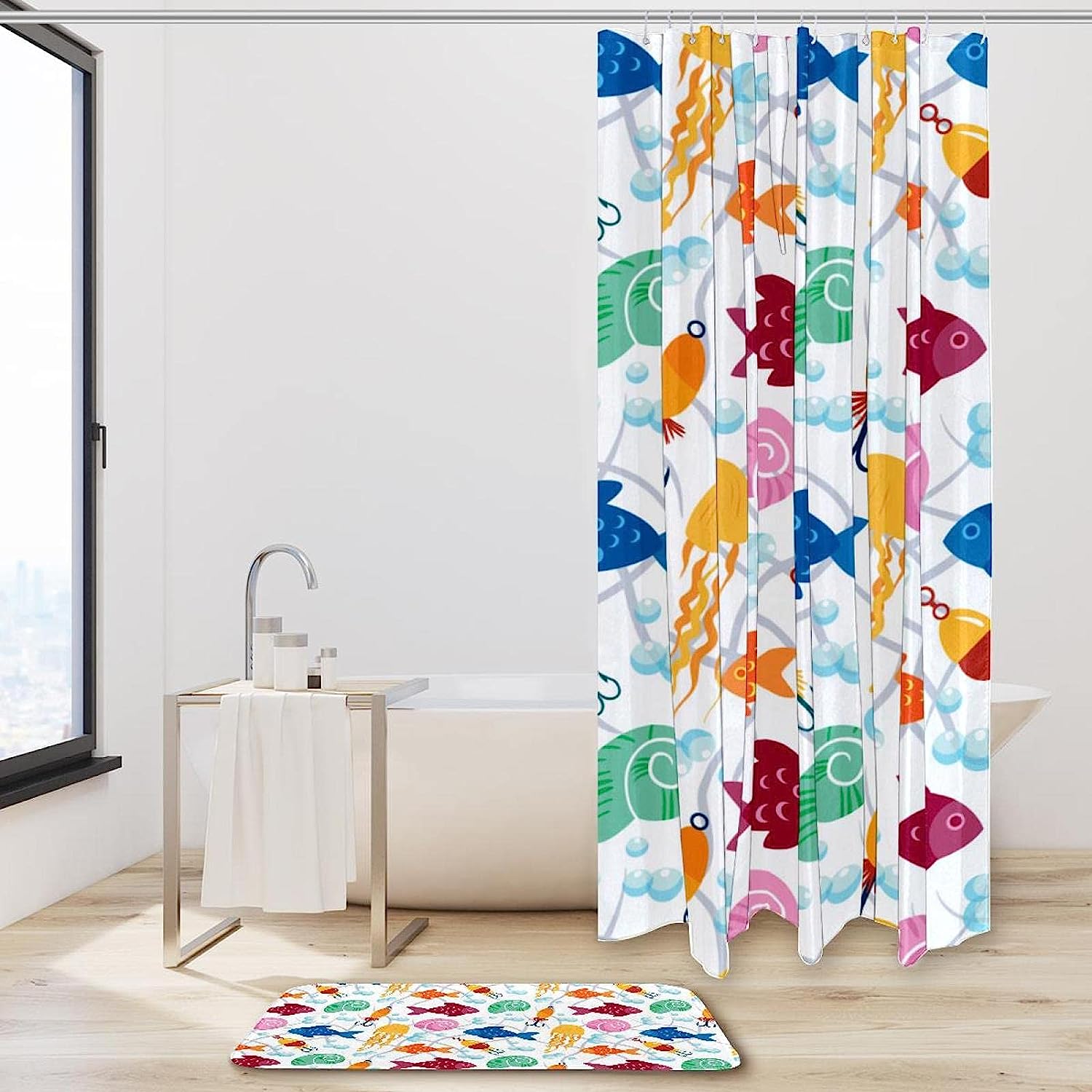 Water Resistant Fabric Shower Curtain With Colorful Fish Hook, Snail And Octopus Designs - Image 2