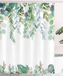 Water-Repellent Floral Green Leaf Fabric Shower Curtain For Your Bathroom 