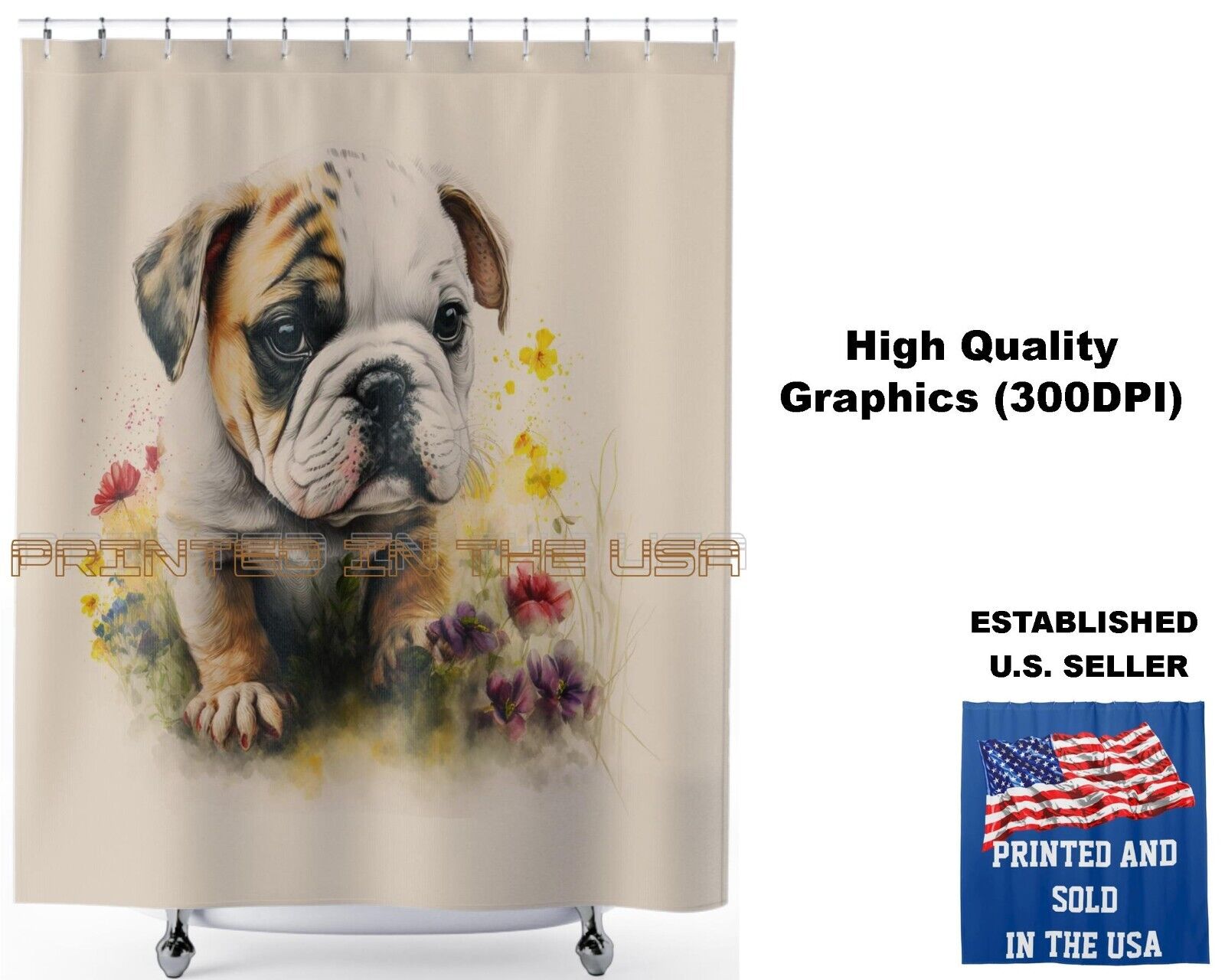 Watercolor Art Of Bulldog Puppy Bull Dog #2 On Shower Curtain