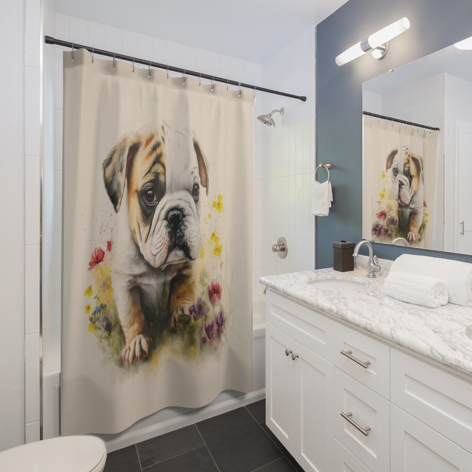 Watercolor Art Of Bulldog Puppy Bull Dog #2 On Shower Curtain - Image 2