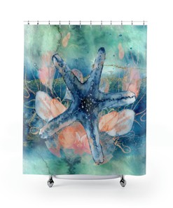 Watercolor Art Print Shower Curtain with Starfish and Coastal Theme for Relaxing Bathroom Decor