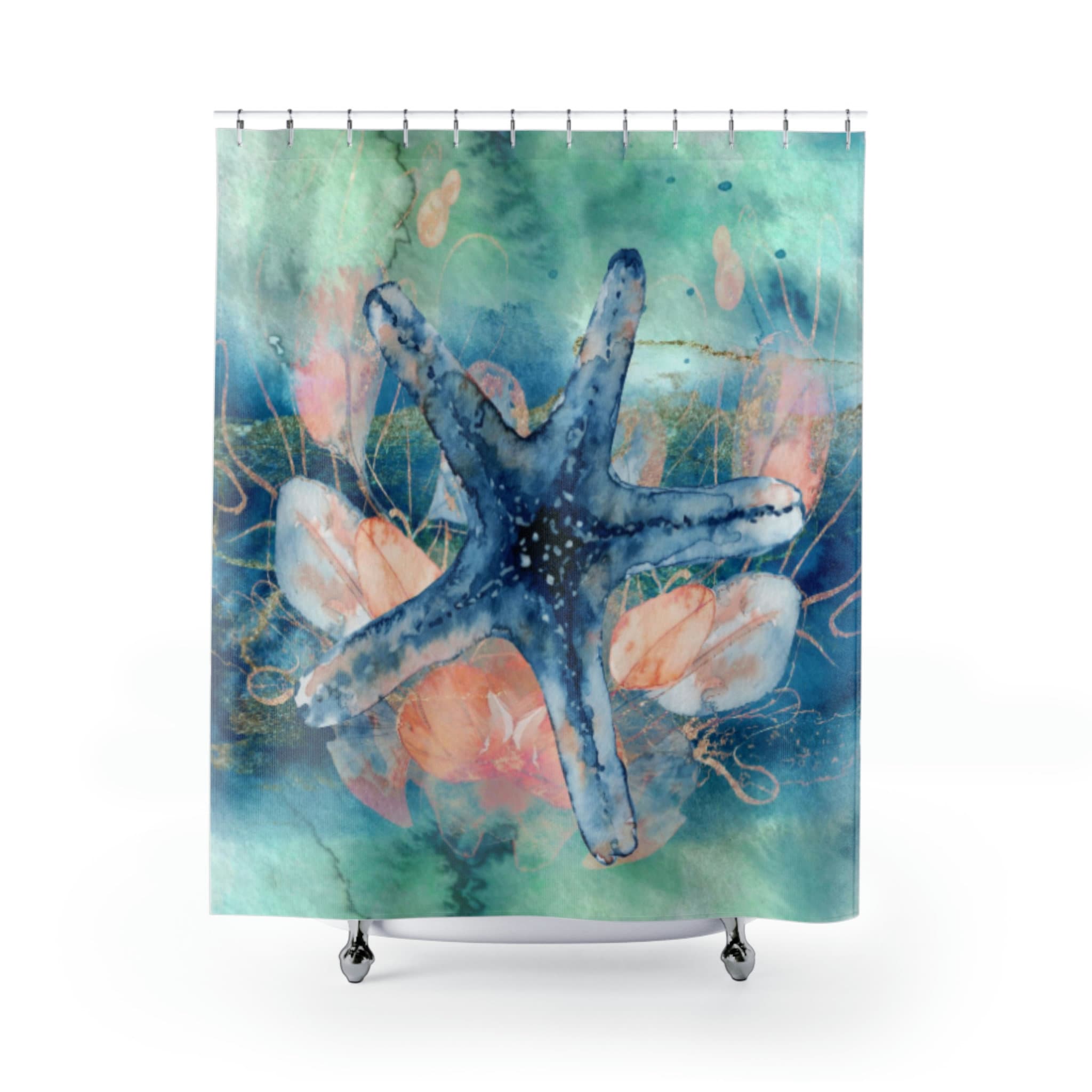 Watercolor Art Print Shower Curtain with Starfish and Coastal Theme for Relaxing Bathroom Decor
