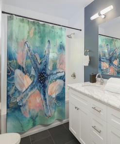 Watercolor Art Print Shower Curtain with Starfish and Coastal Theme for Relaxing Bathroom Decor