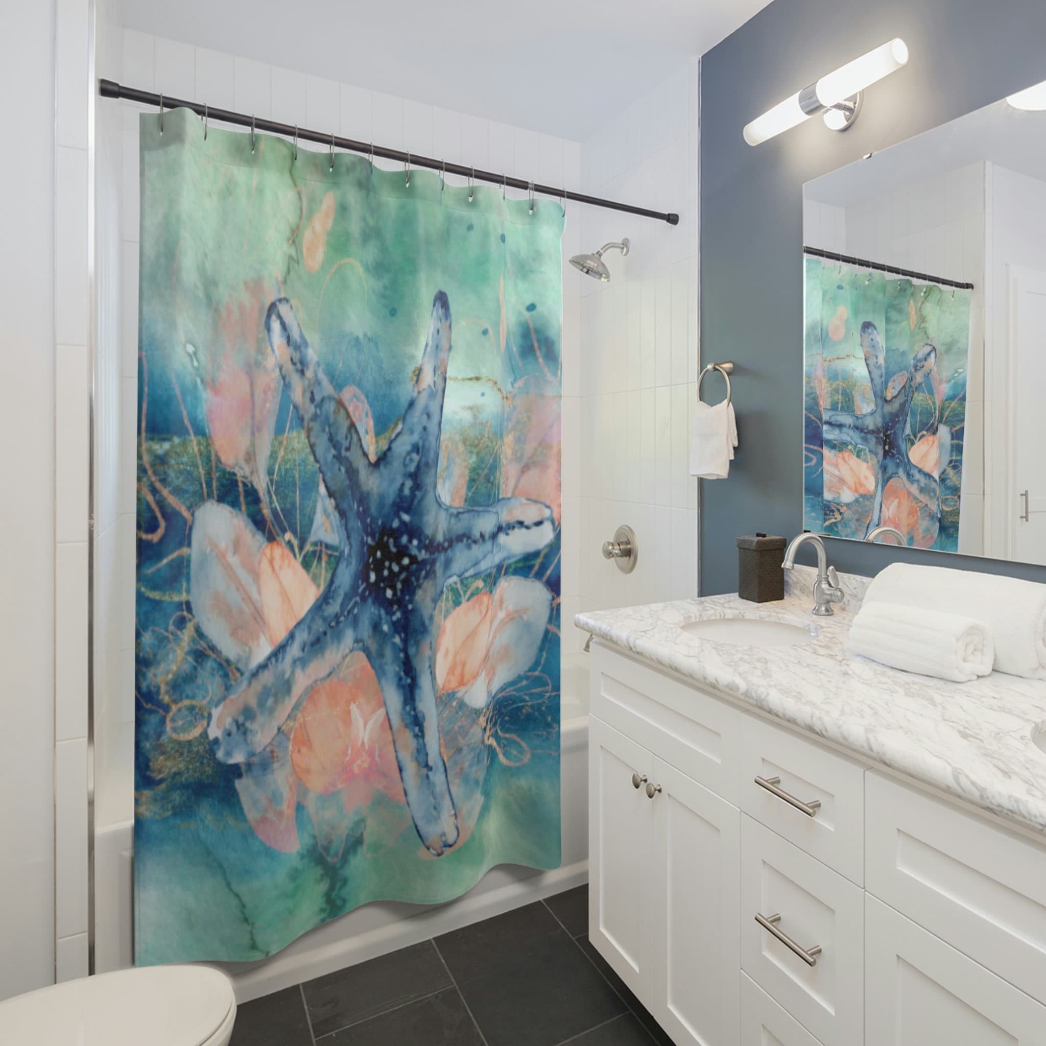 Watercolor Art Print Shower Curtain with Starfish and Coastal Theme for Relaxing Bathroom Decor