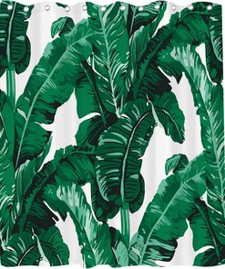 Watercolor Banana Leaves Shower Curtain - LB Tropical Jungle Nature Green White Leaf Theme Bathroom Decor