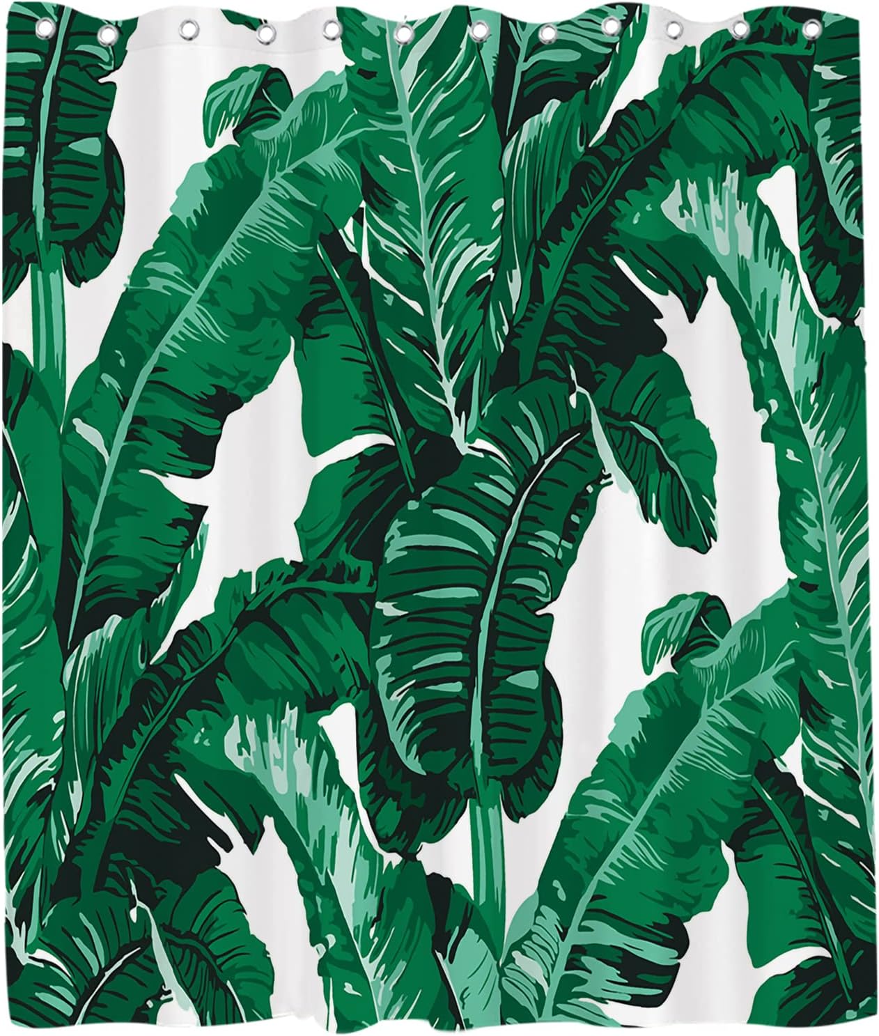 Watercolor Banana Leaves Shower Curtain - LB Tropical Jungle Nature Green White Leaf Theme Bathroom Decor