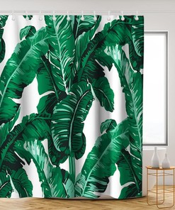 Watercolor Banana Leaves Shower Curtain - LB Tropical Jungle Nature Green White Leaf Theme Bathroom Decor