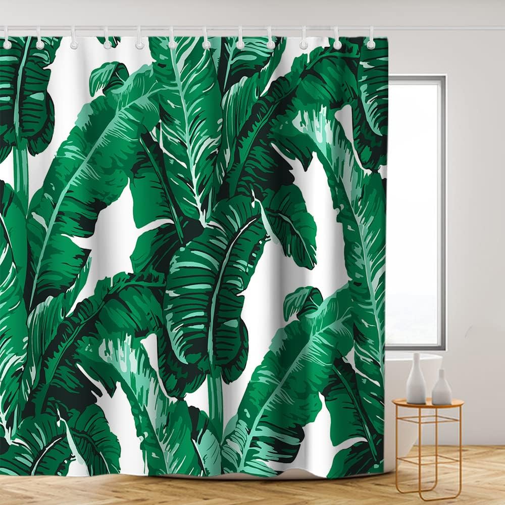 Watercolor Banana Leaves Shower Curtain - LB Tropical Jungle Nature Green White Leaf Theme Bathroom Decor